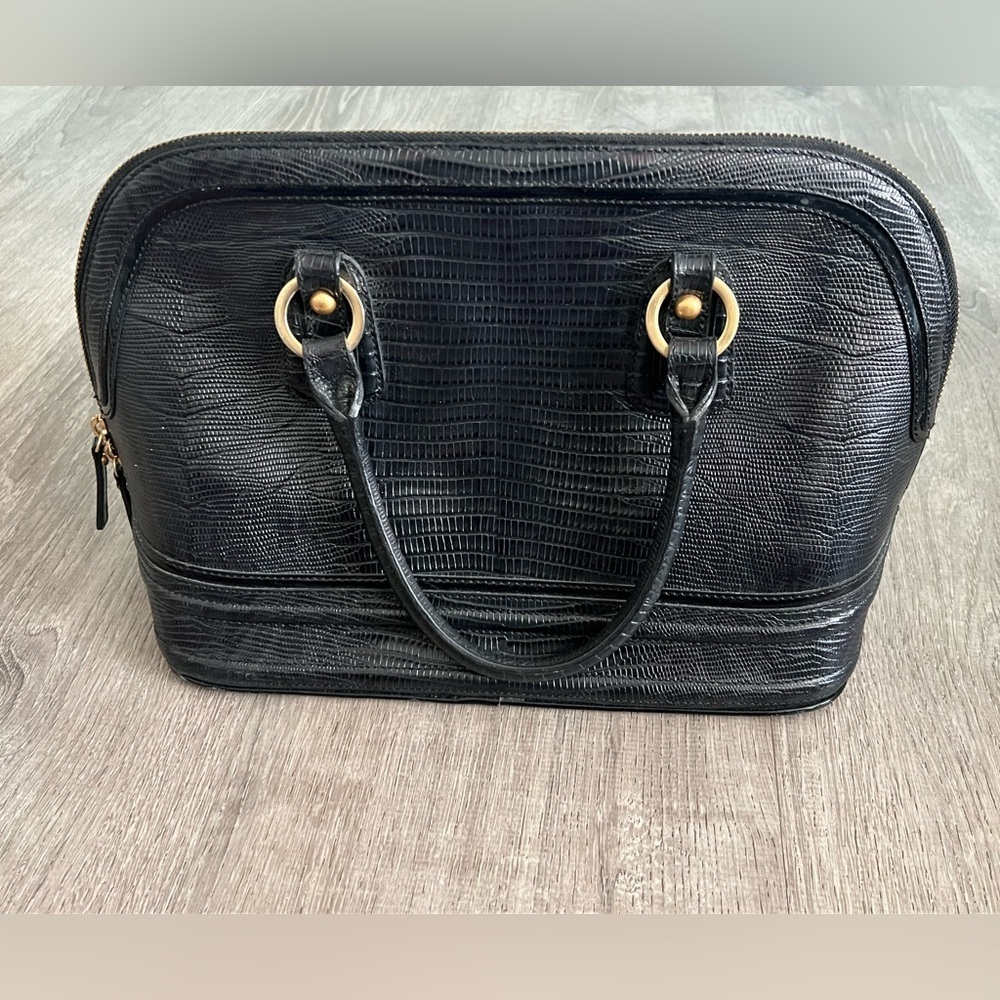 Brahmin Tuscan Collection Satchel Black Leather croc embossed Handbag gold tone - Picture 2 of 6